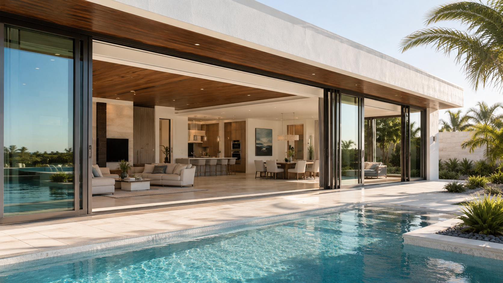 Luxury Southwest Florida home with expansive sliding glass doors opening to a pool